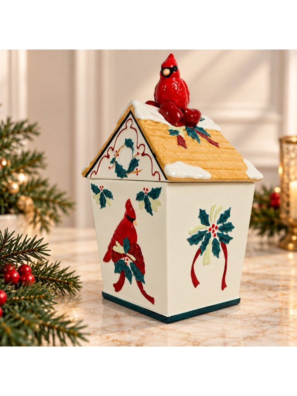 Lenox Winter Greetings Cardinal Cookie Jar Christmas House Holly Holiday Decor